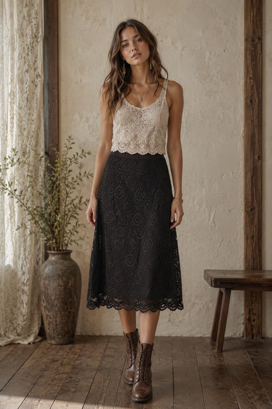 Vtg Y2K Old Navy Floral Lace Midi Skirt Womens Size 12 Brown Forest Fairy